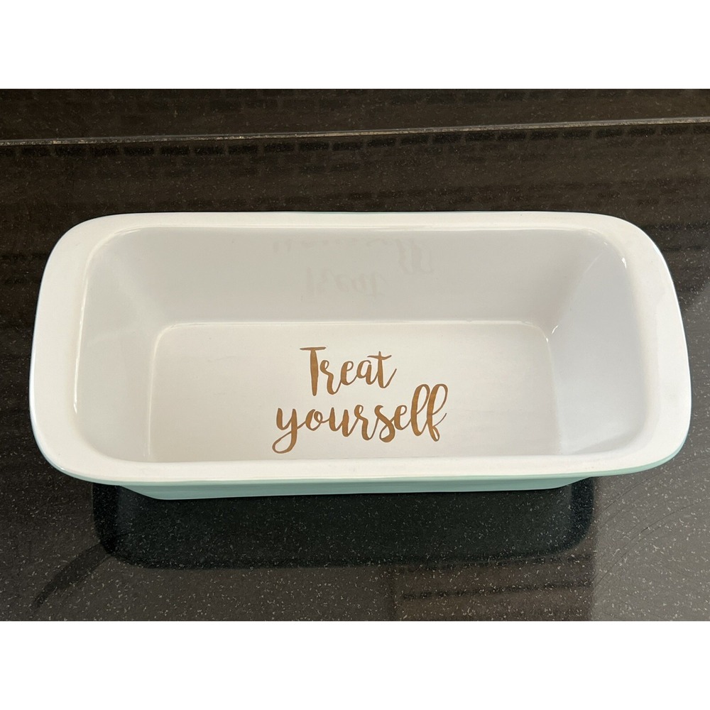 'Treat Yourself' Stoneware Loaf Pan Turquoise Bread Baking Dish Tia And Me - Picture 5 of 7